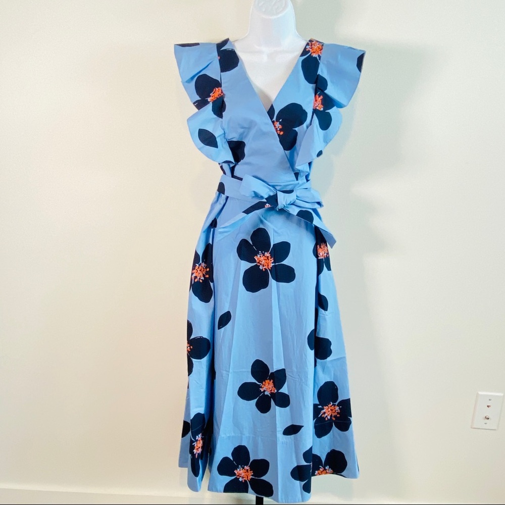 Kate Spade Tea Garden Blue & Orange Floral Print Cotton Midi Dress